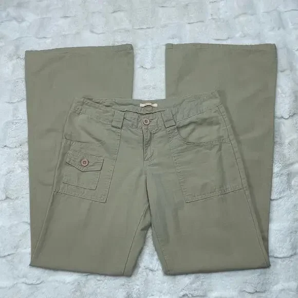 🔥Vintage Y2K Forever 21 Made in USA Low Rise Flare Wide Leg Khaki Pants Women M - Picture 5 of 16